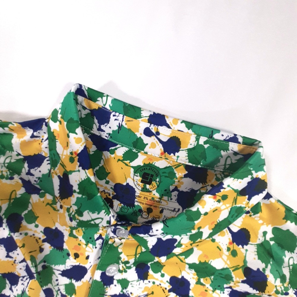 Coby Stevens Mens Golf Polo Large Bold Green Yellow Blue Paint Splatter UPF 50